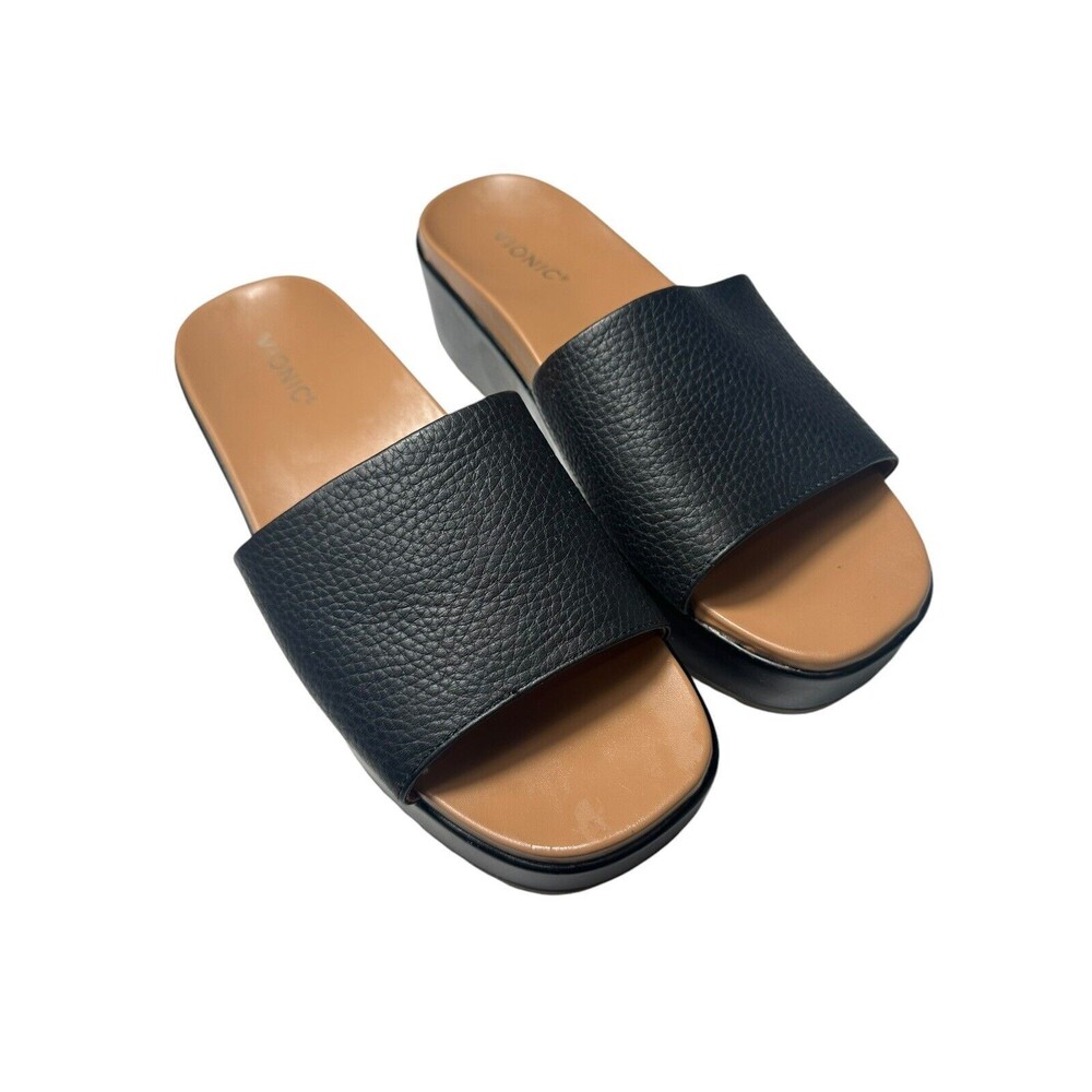 Vionic Black Leather Slide Sandals with Tan Footbed